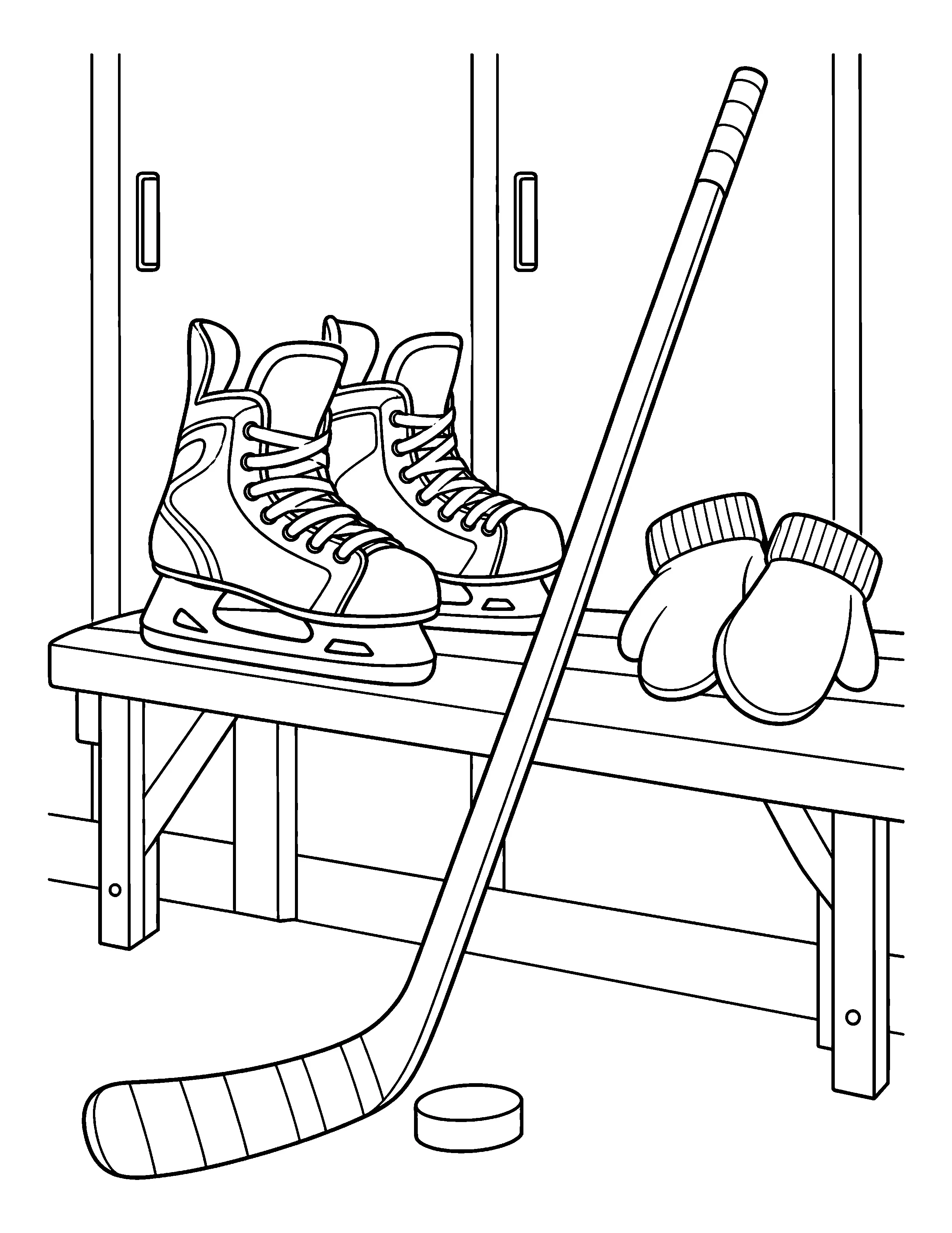 A pair of hockey skates, a hockey stick, mittens, and a puck rest on a bench in this coloring page.