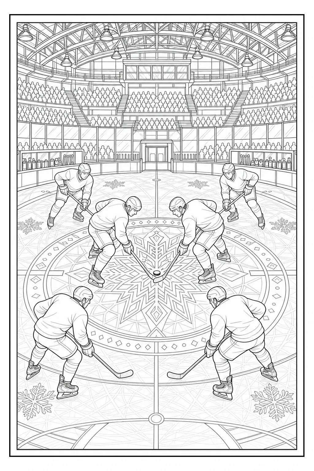 An ice hockey faceoff in a packed indoor arena coloring page with six players around the puck and a detailed rink pattern.