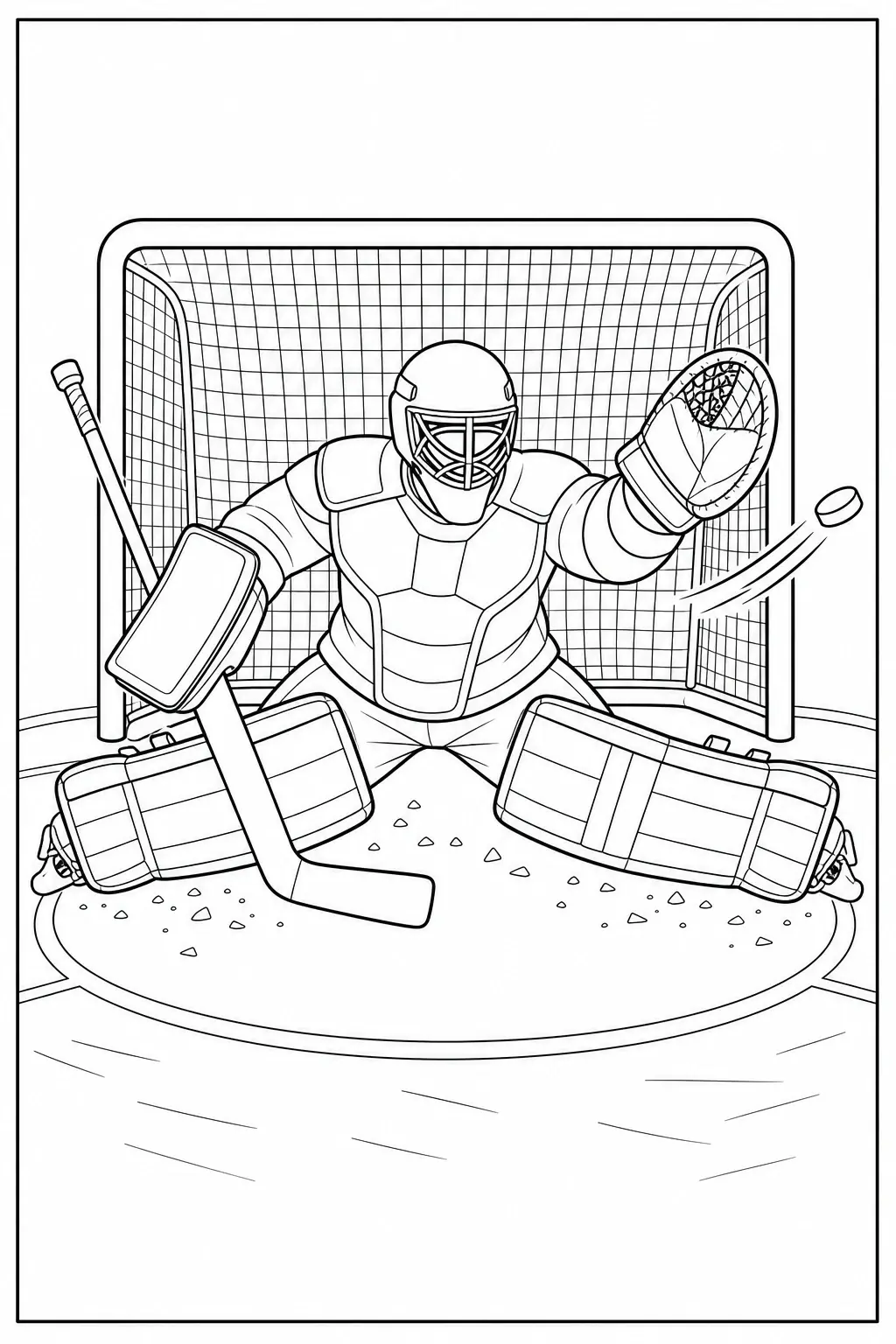 An ice hockey goalie in full gear makes a save in front of the net coloring page.