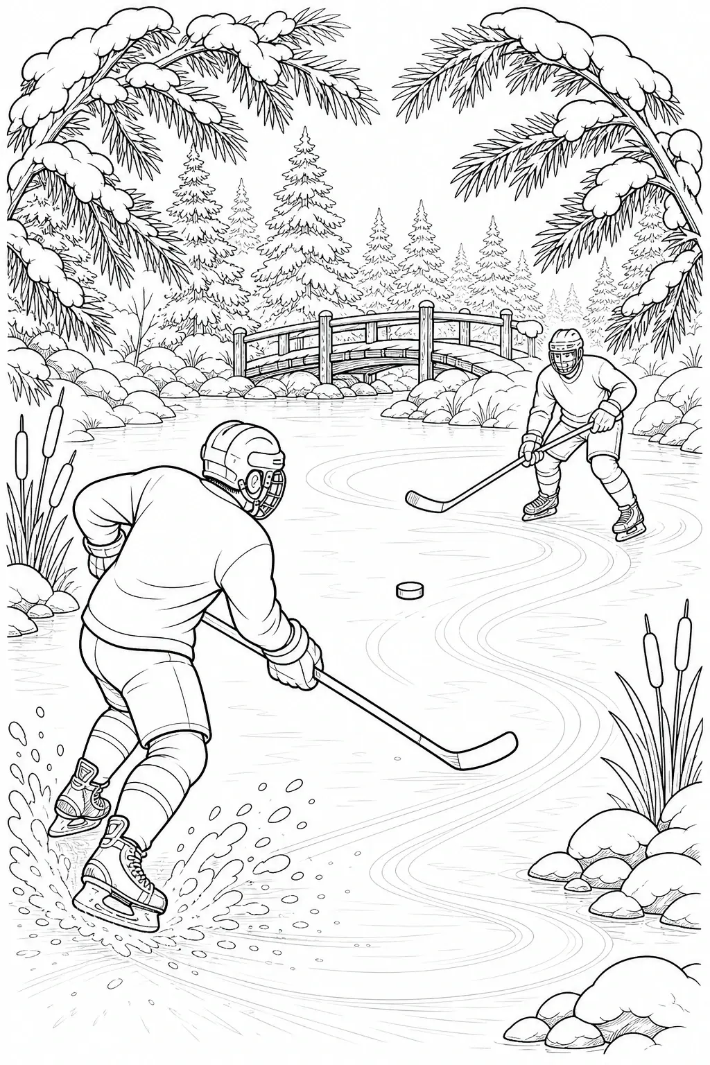 Two ice hockey players skate on a frozen pond in a snowy winter scene with a small bridge and pine trees coloring page.