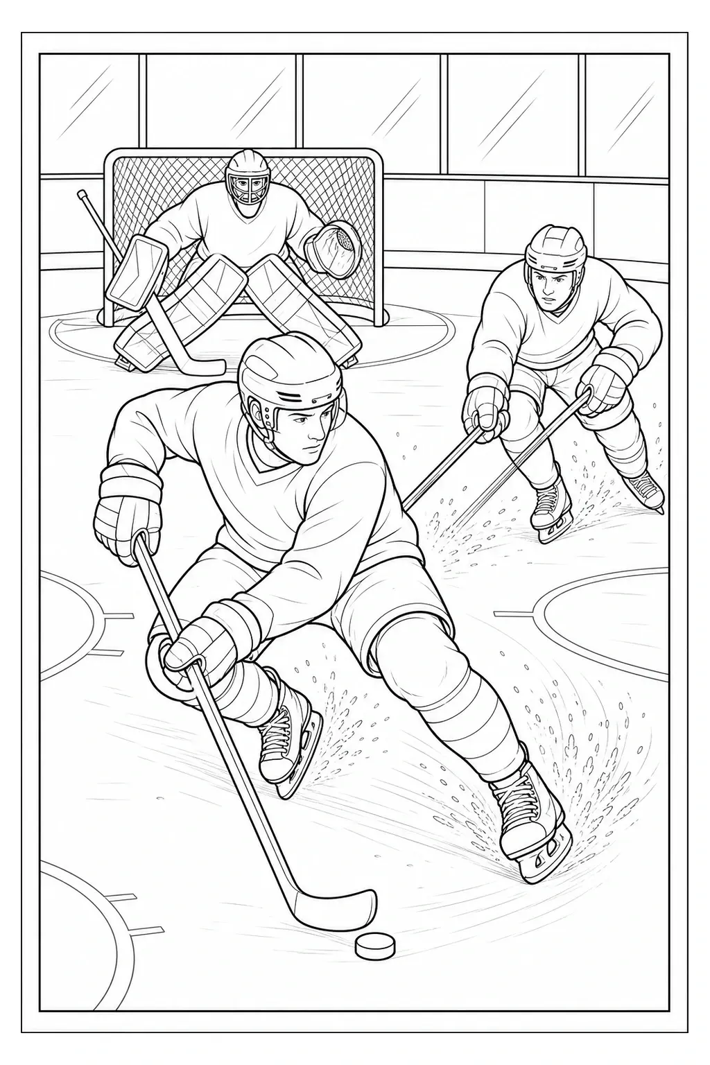 An ice hockey coloring page shows three players and a goalie in front of the net on an indoor rink.