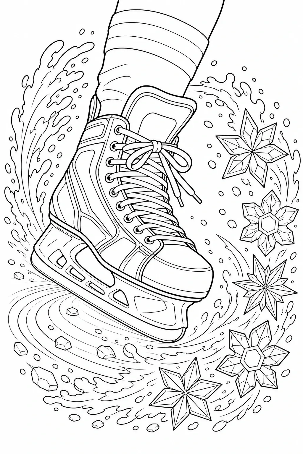 A black-and-white coloring page shows an ice skating boot in motion with swirling ice and snowflake shapes around it.
