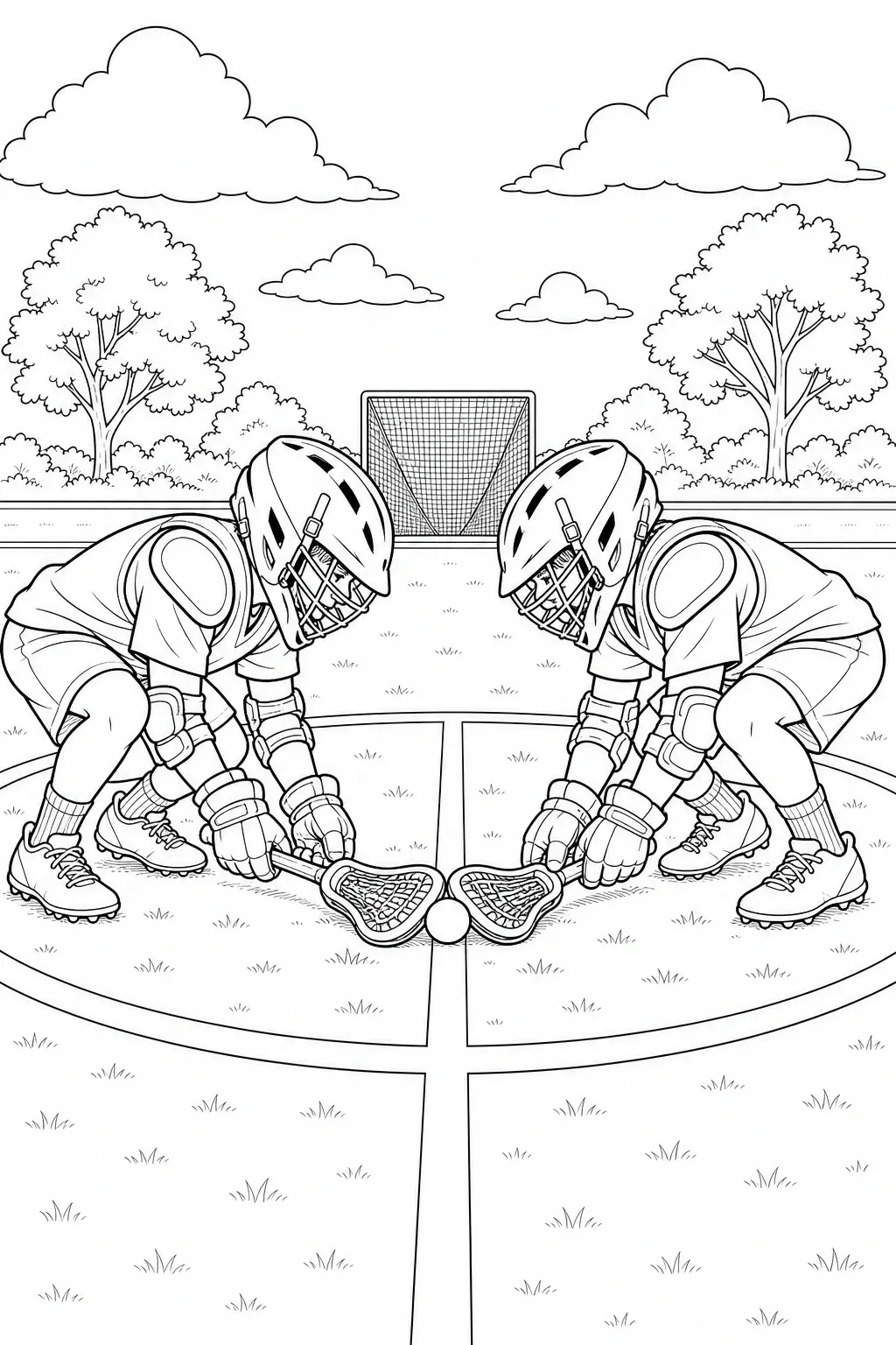 Two lacrosse players crouch for a faceoff on a field in this coloring page.