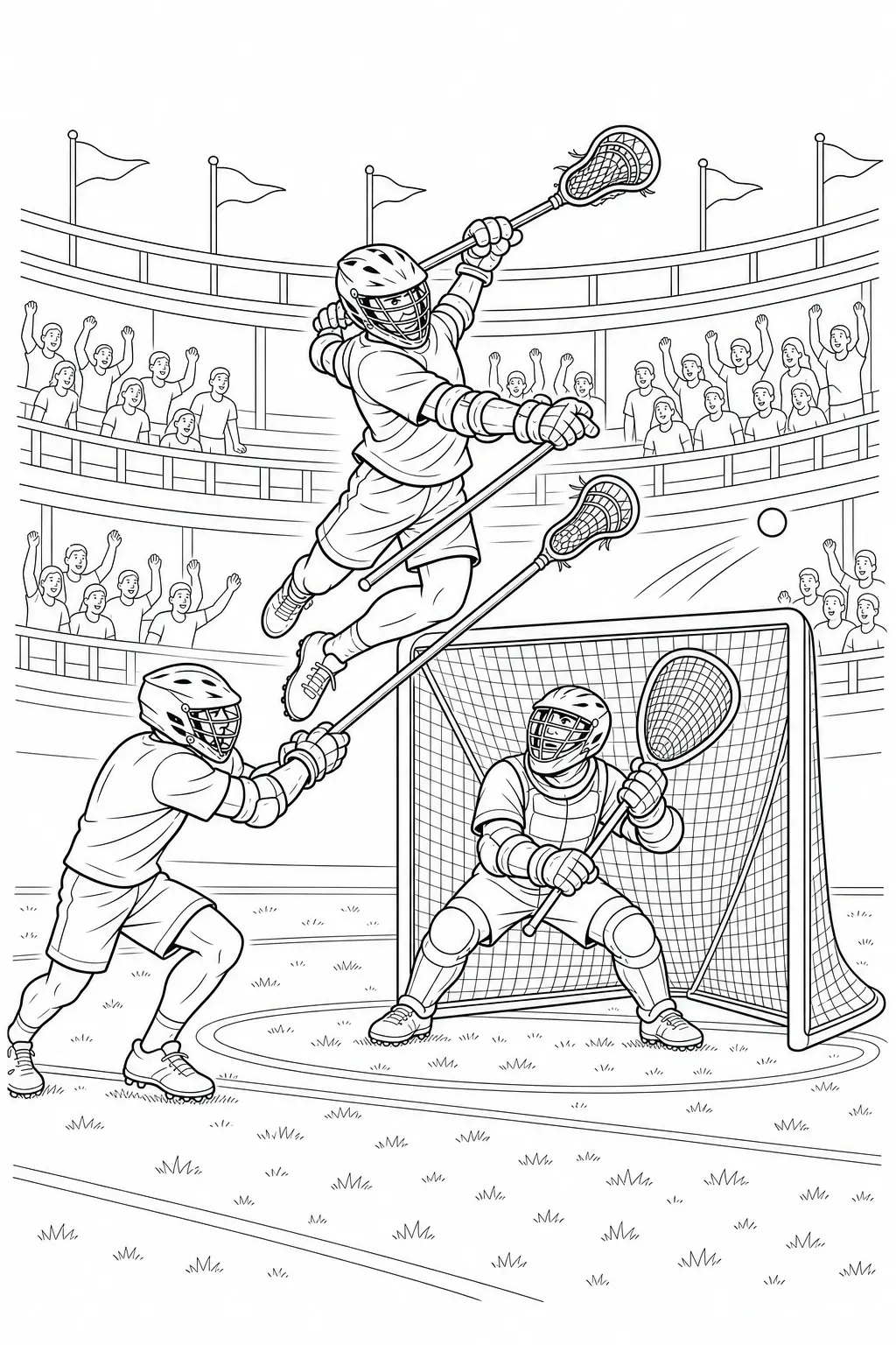 A lacrosse coloring page shows three players, a goalie in front of the net, and a crowd in a stadium.