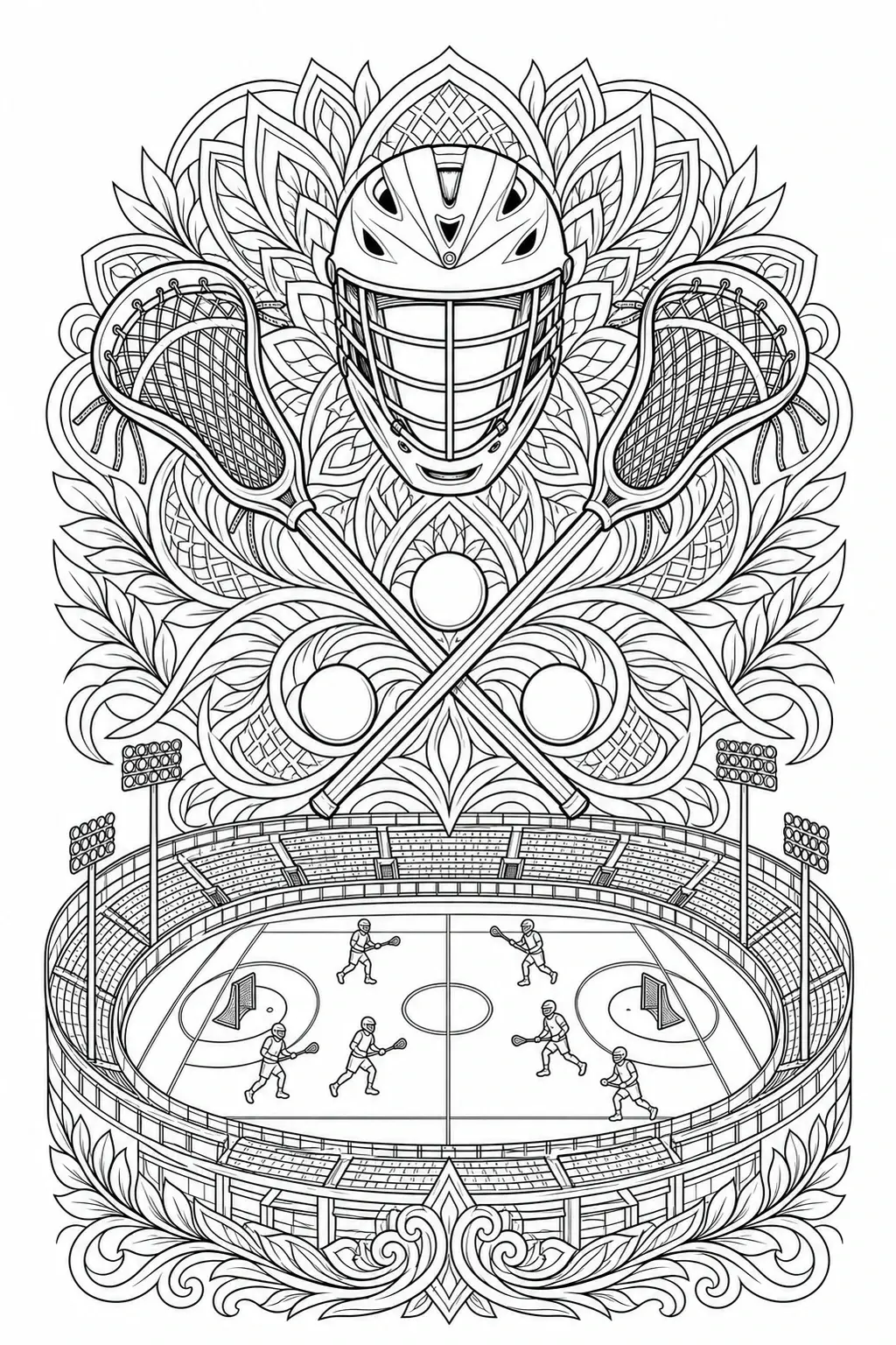 A black-and-white coloring page showing a lacrosse helmet, crossed sticks, and a stadium framed by leafy mandala patterns.