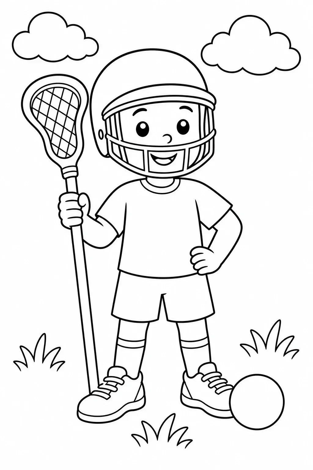 A smiling child lacrosse player wearing a helmet and holding a lacrosse stick stands on a field coloring page.