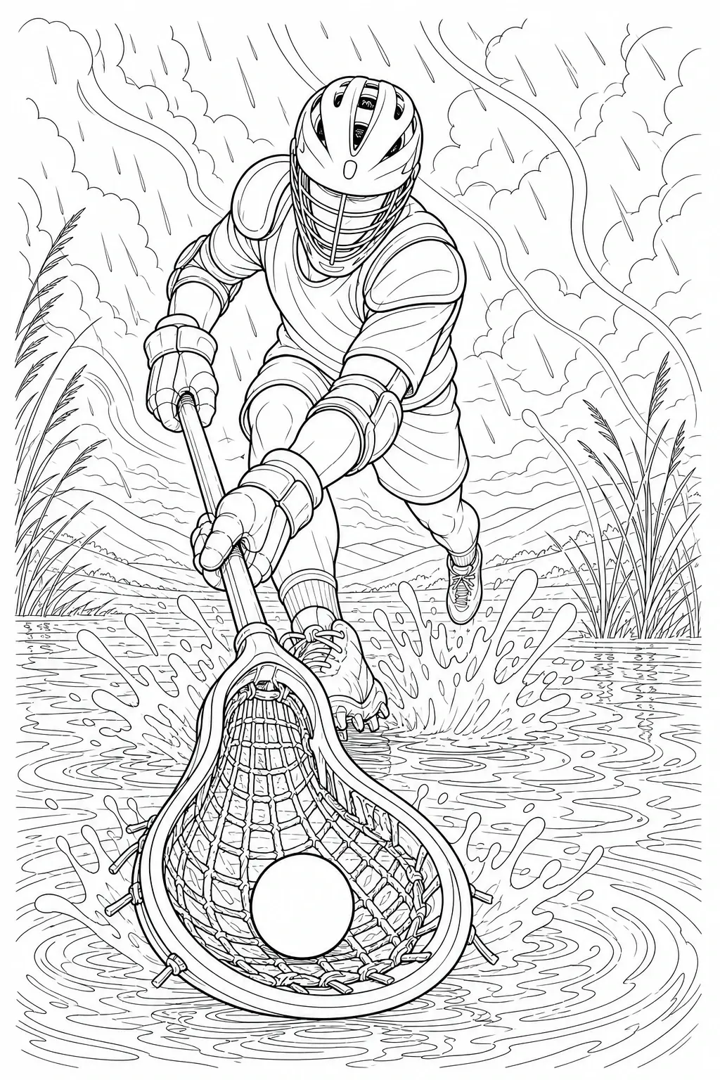 A lacrosse player in helmet and pads runs through rain while reaching for the ball in a black-and-white coloring page.