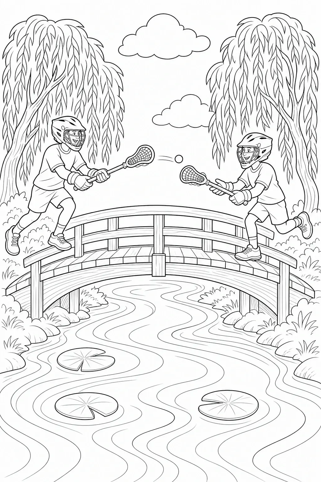 Two lacrosse players face each other on a bridge in a black-and-white coloring page with a river, trees, and clouds.