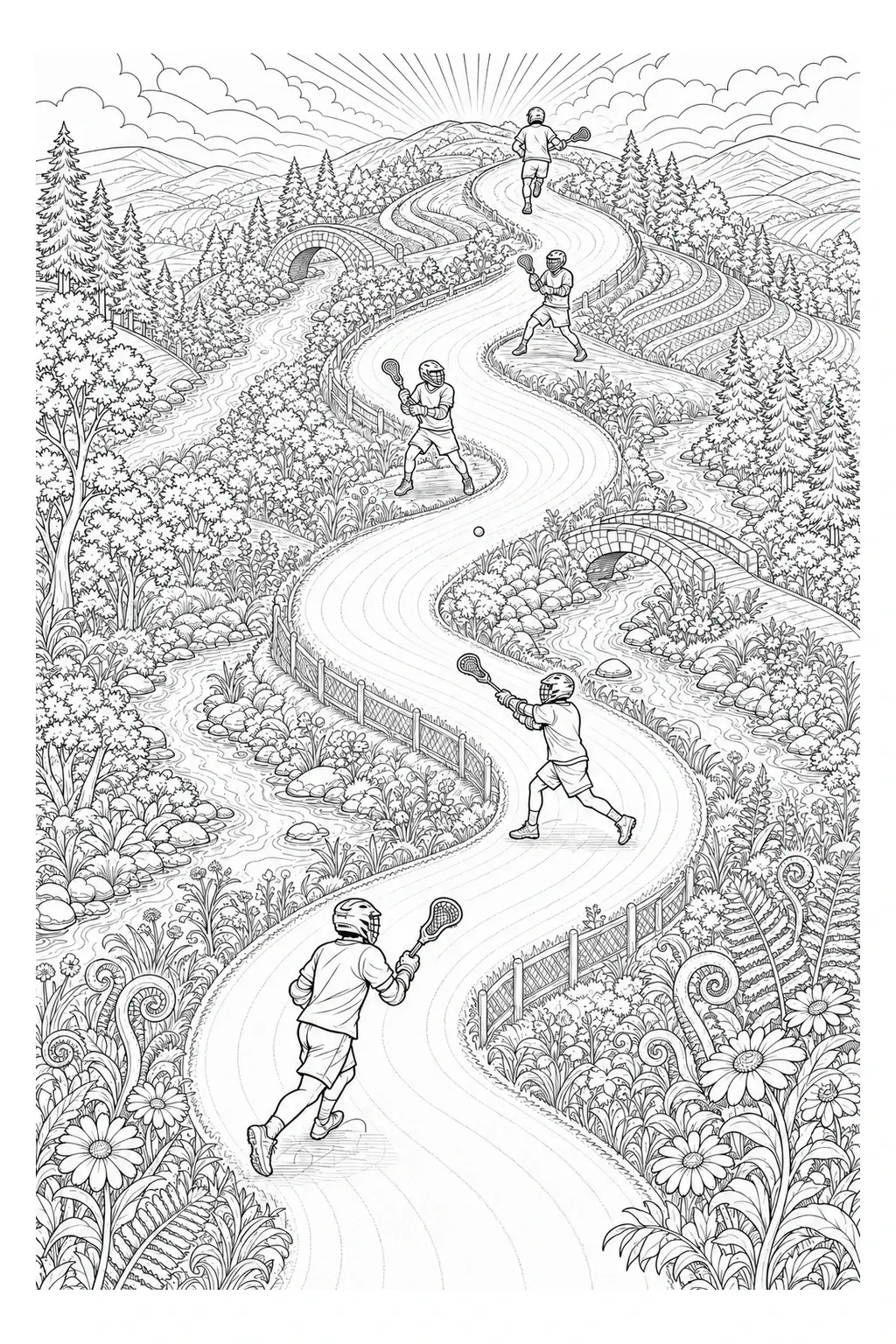 A black-and-white coloring page shows several lacrosse players on a winding path through a detailed river valley landscape.