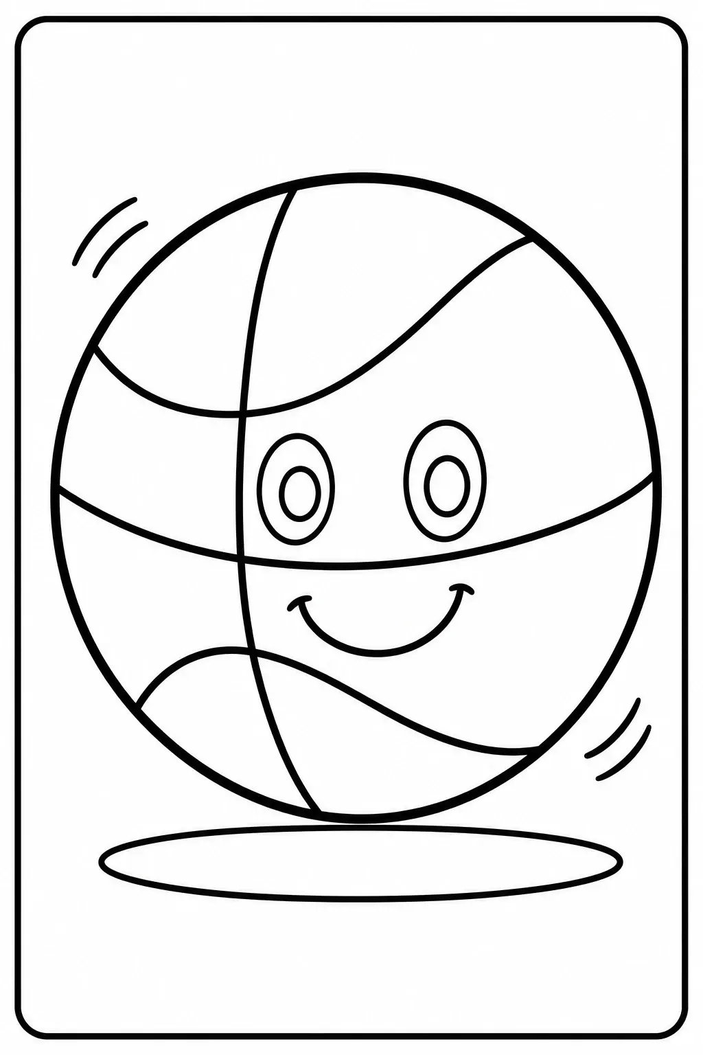 A smiling basketball coloring page with simple motion lines and an oval shadow underneath.