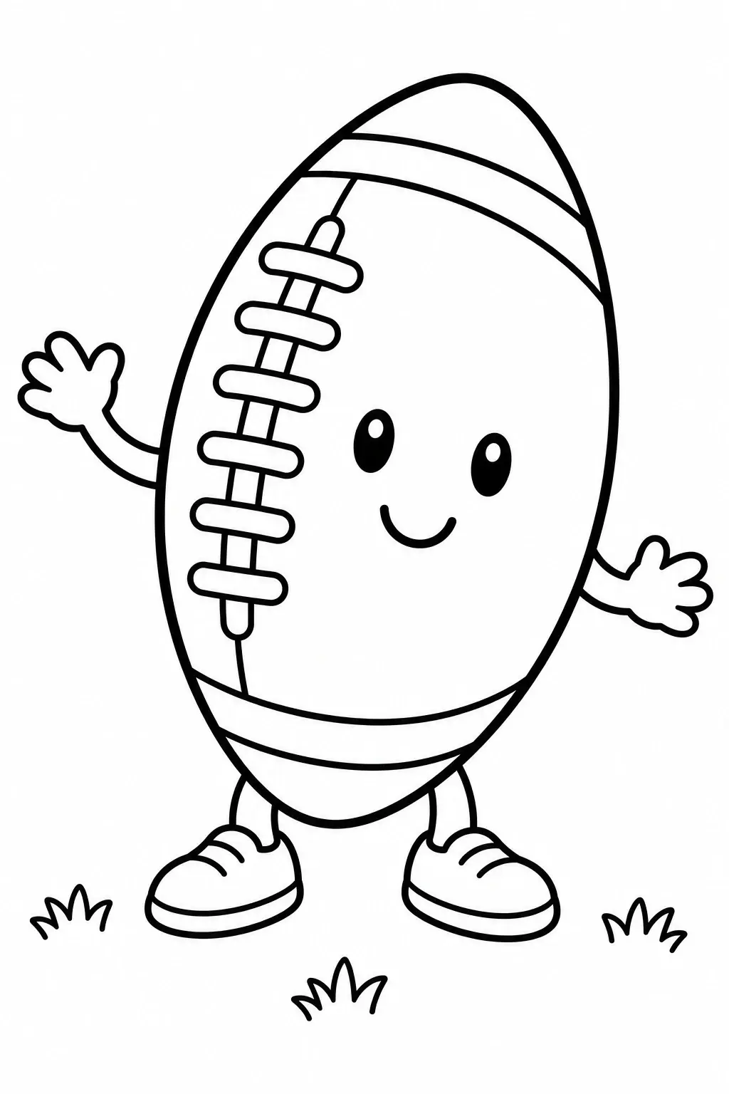 A smiling football character with arms, legs, and cleats is shown as a coloring page.
