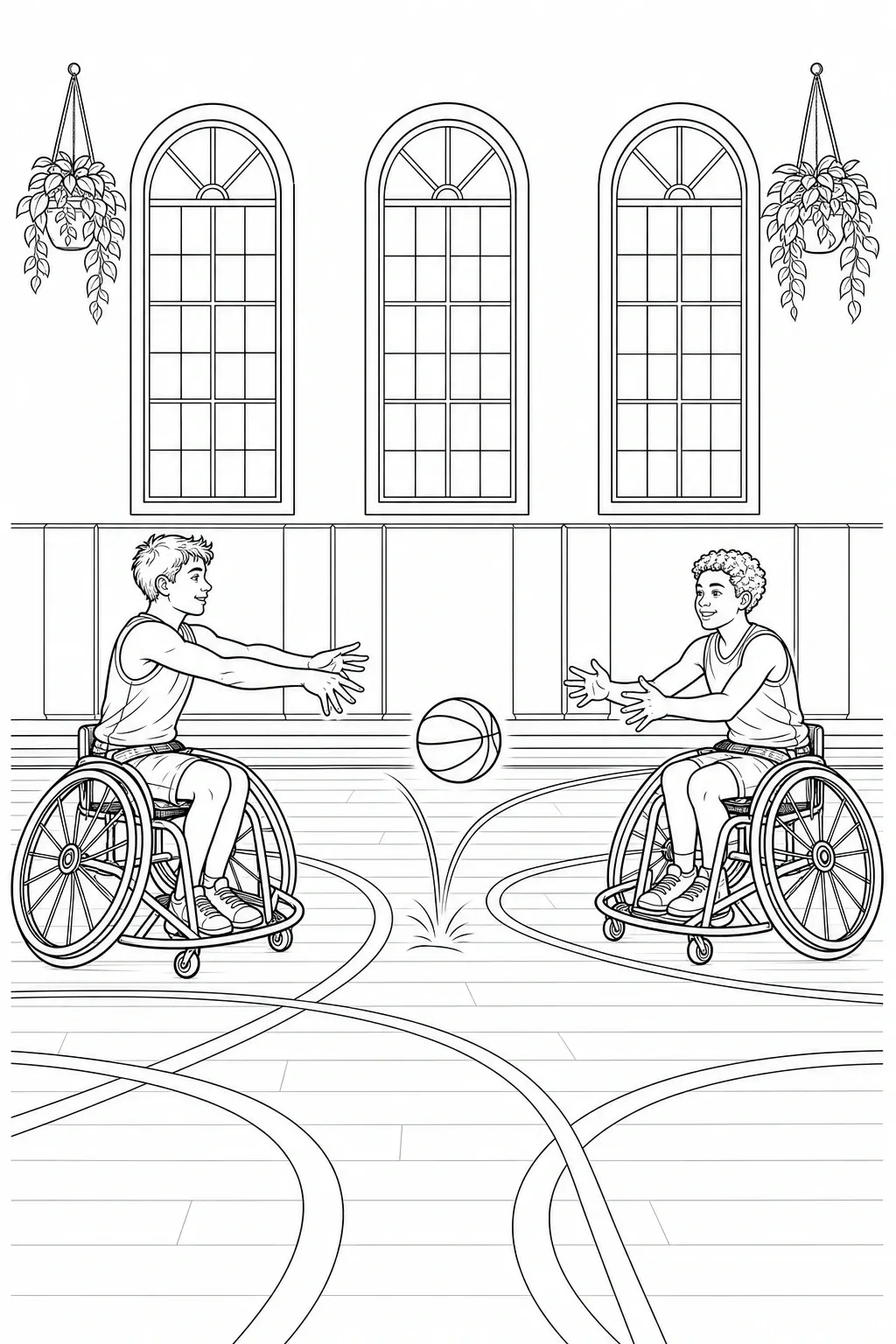 Two wheelchair basketball players pass a basketball in a gym coloring page with tall arched windows and hanging plants.