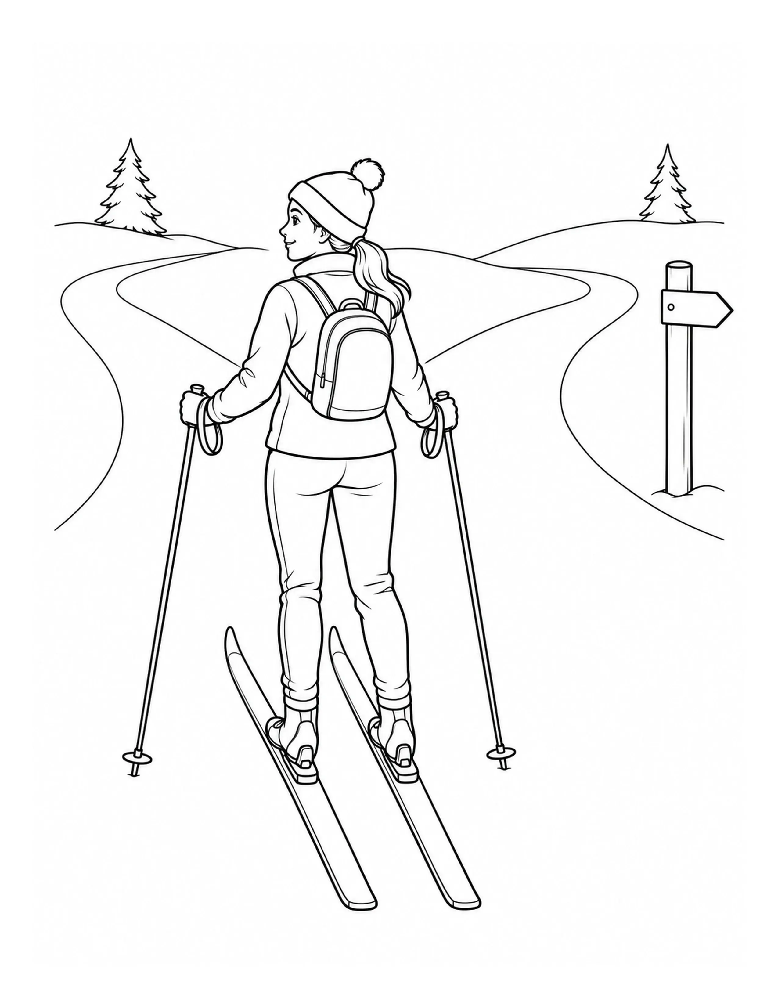 A black-and-white coloring page shows a woman wearing a pom-pom hat and backpack on skis, holding poles on a winding trail with pine trees and a signpost.