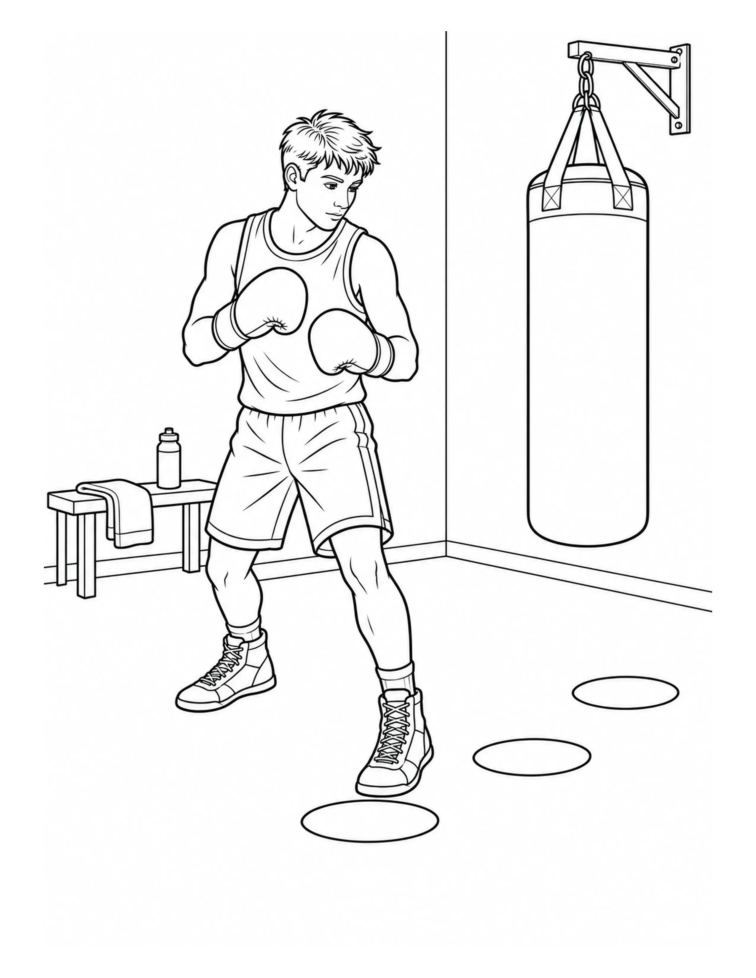 A black-and-white coloring page shows a young boxer wearing gloves and boots beside a hanging heavy bag.