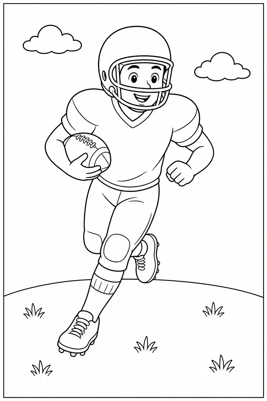 A young football player running with a ball in a black-and-white coloring page.