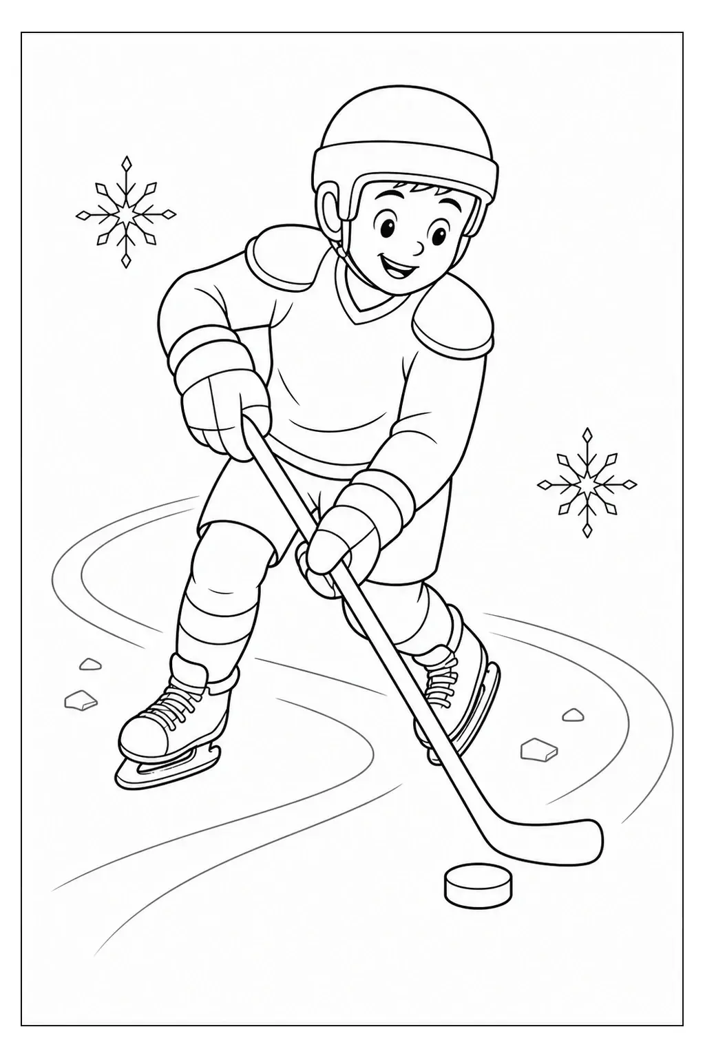A smiling young hockey player in a helmet skates with a hockey stick on an icy rink coloring page.