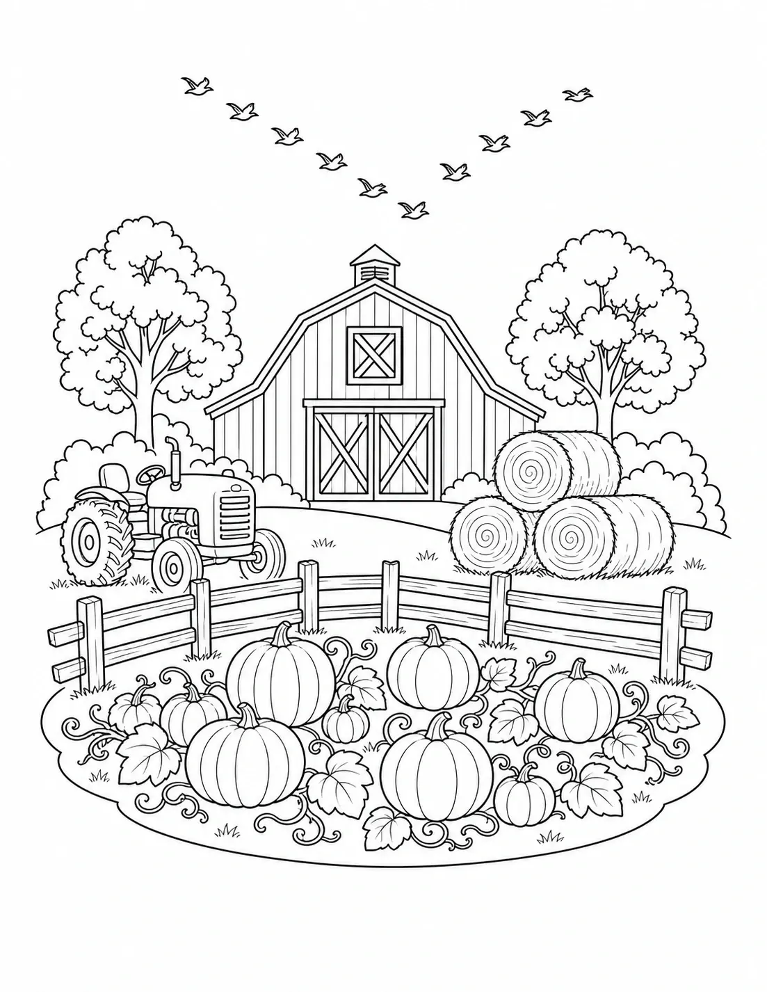 A black-and-white coloring page shows a barn, tractor, pumpkins, hay bales, trees, and birds in an autumn farm scene.