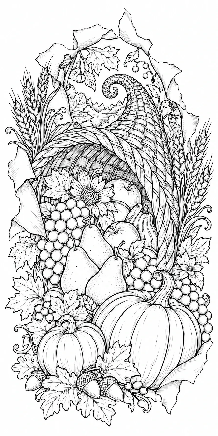 A black-and-white coloring page of an autumn harvest basket with pumpkins, pears, grapes, corn, wheat, and leaves.