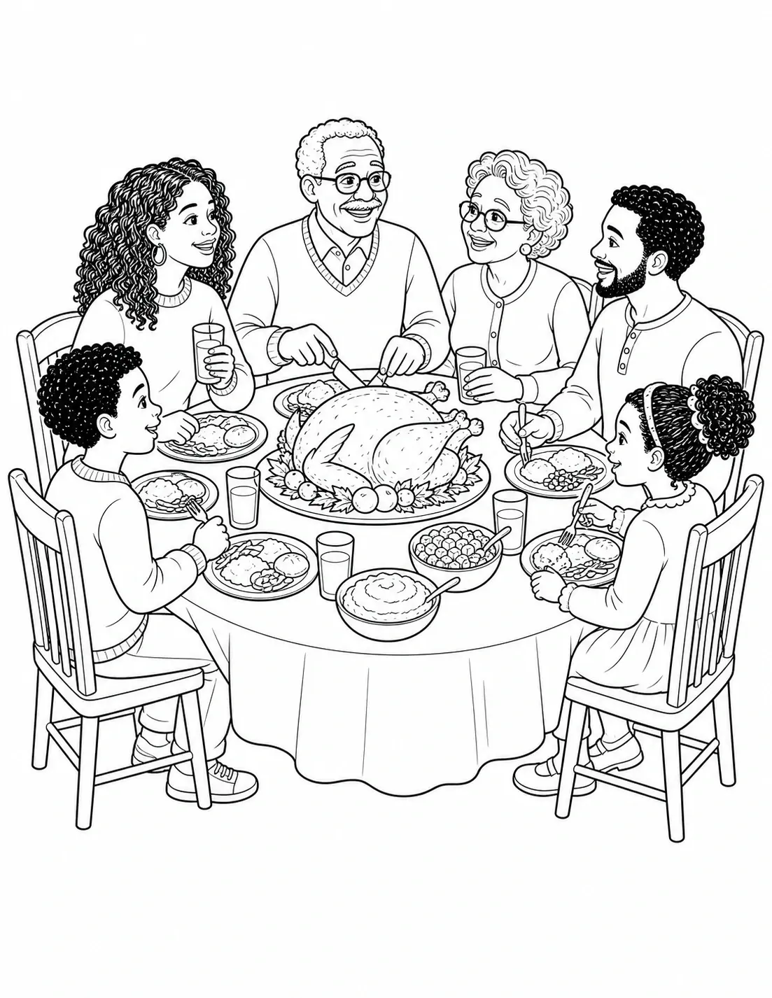 A family dinner coloring page shows six people gathered around a table with a roast turkey and side dishes.