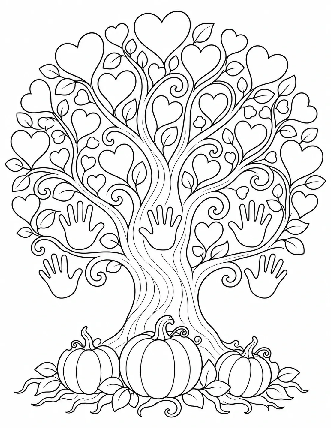 A heart tree coloring page with swirling branches, leaves, handprints, and pumpkins at the base.