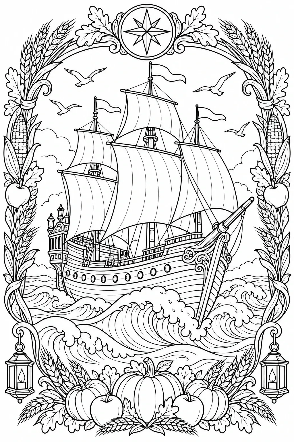 A black-and-white coloring page of a Mayflower ship sailing through waves inside a harvest frame with pumpkins, apples, wheat, and lanterns.