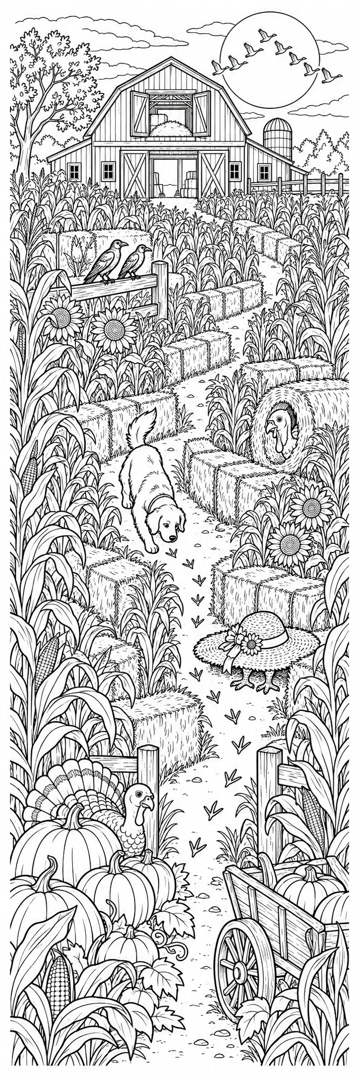 A black-and-white coloring page shows a Thanksgiving farm scene with a turkey, dog, scarecrow, barn, cornfield, and wagon.