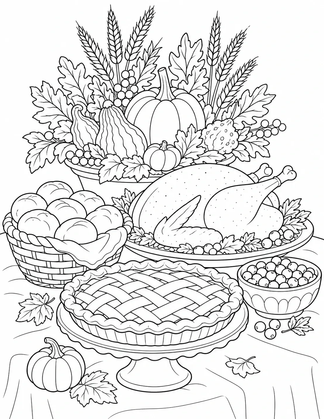 A Thanksgiving feast centerpiece coloring page with a turkey, pumpkin, pies, baskets, and harvest leaves.