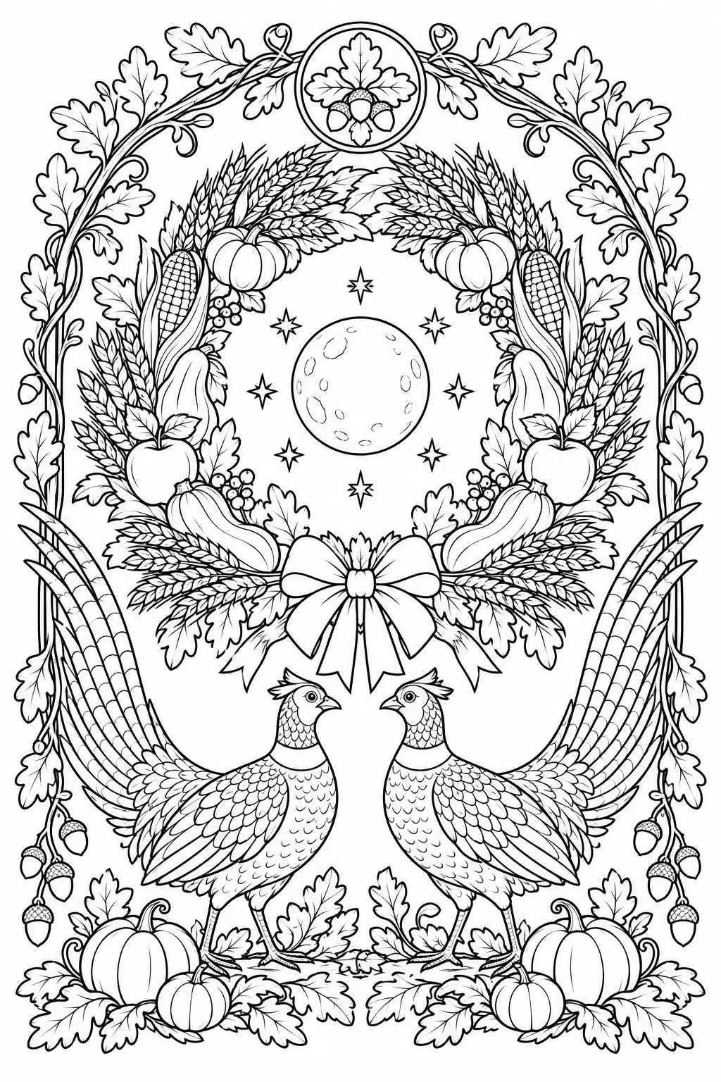 A black-and-white coloring page showing two pheasants beneath a Thanksgiving harvest wreath with pumpkins, corn, leaves, acorns, and a bow.