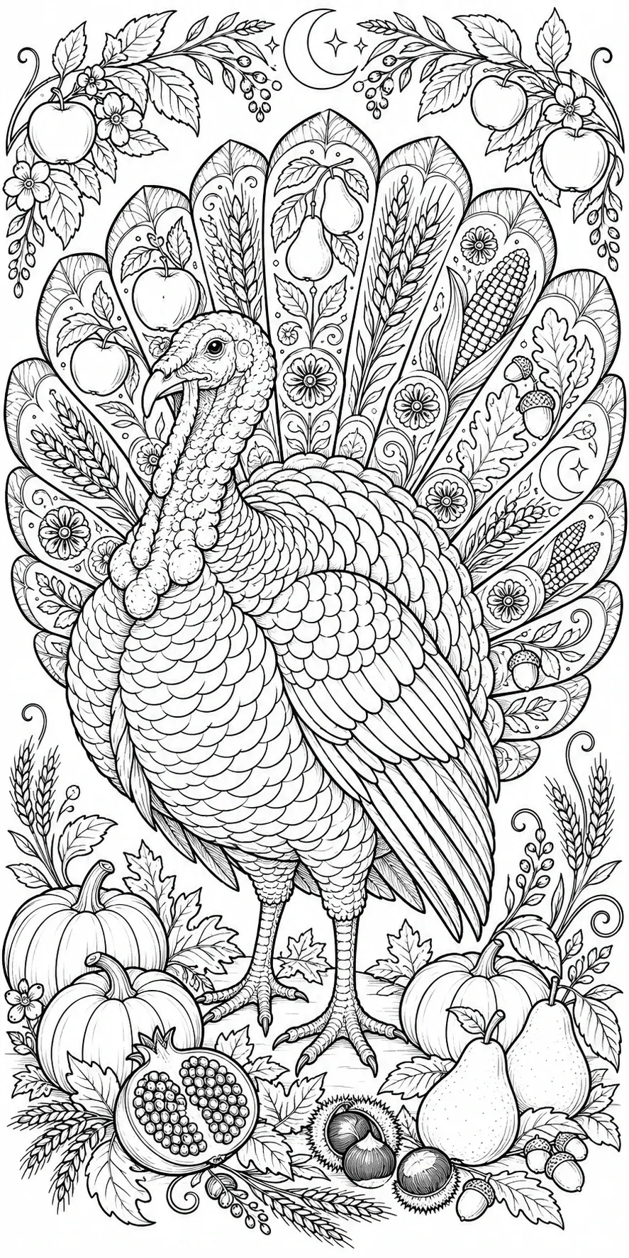 A detailed turkey with patterned tail feathers stands among pumpkins, pears, corn, berries, and leafy harvest designs in this coloring page.