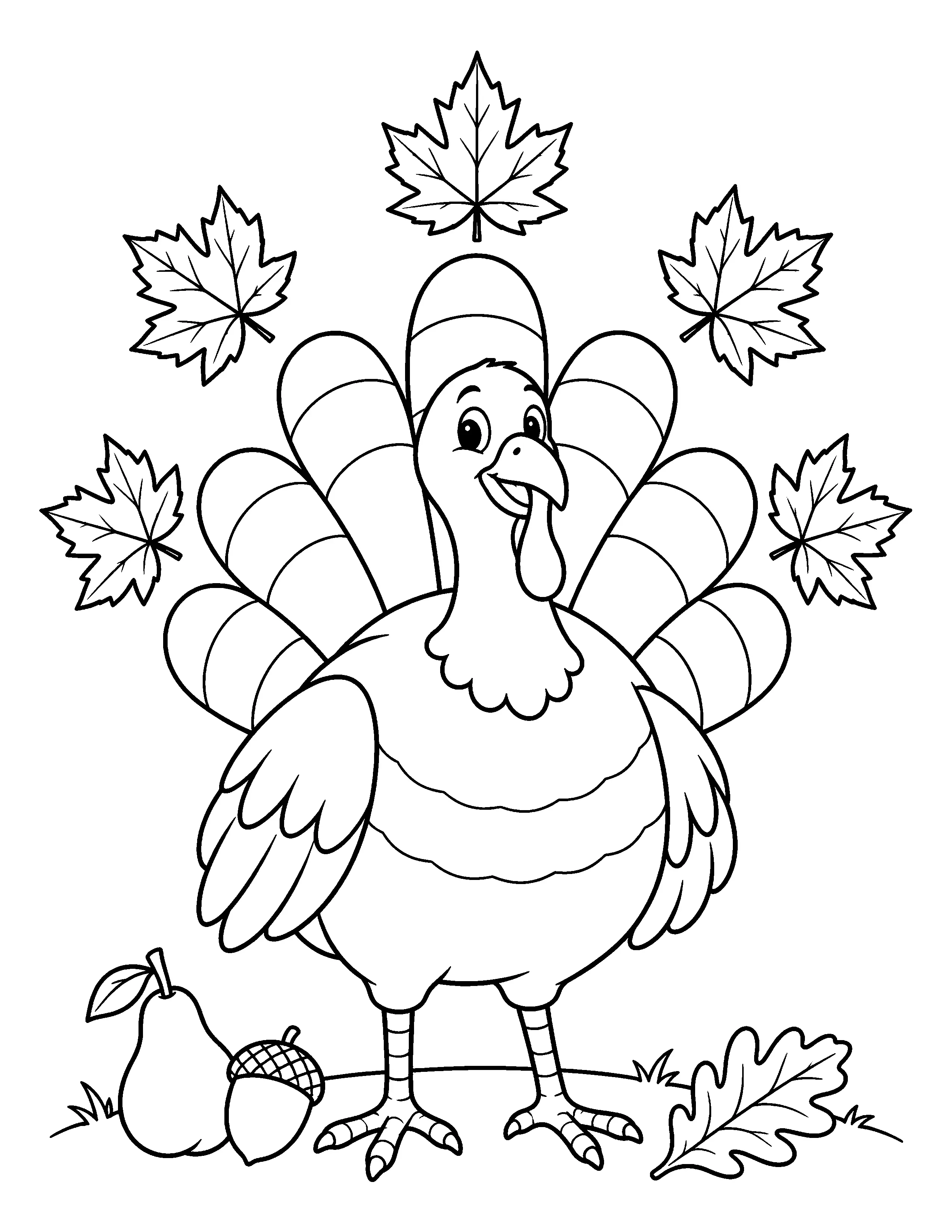 A smiling cartoon turkey with a fanned tail stands among maple leaves, an oak leaf, a pear, and an acorn in this coloring page.