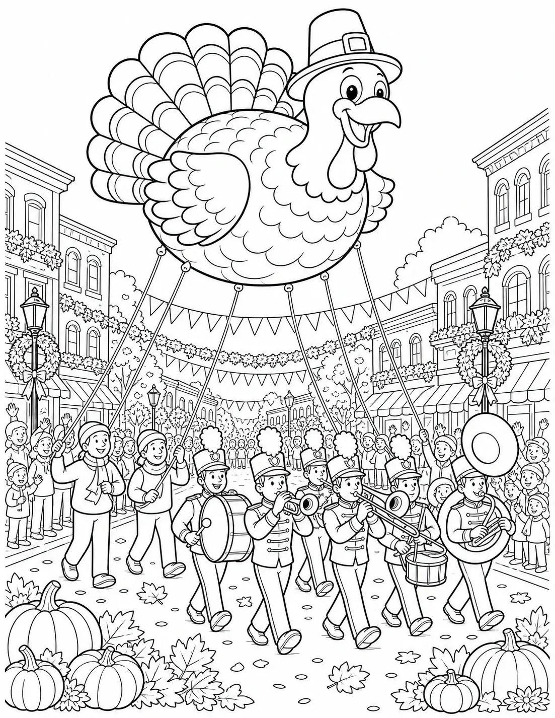 A turkey float with a hat leads a Thanksgiving parade coloring page on a city street with marching band players and pumpkins.