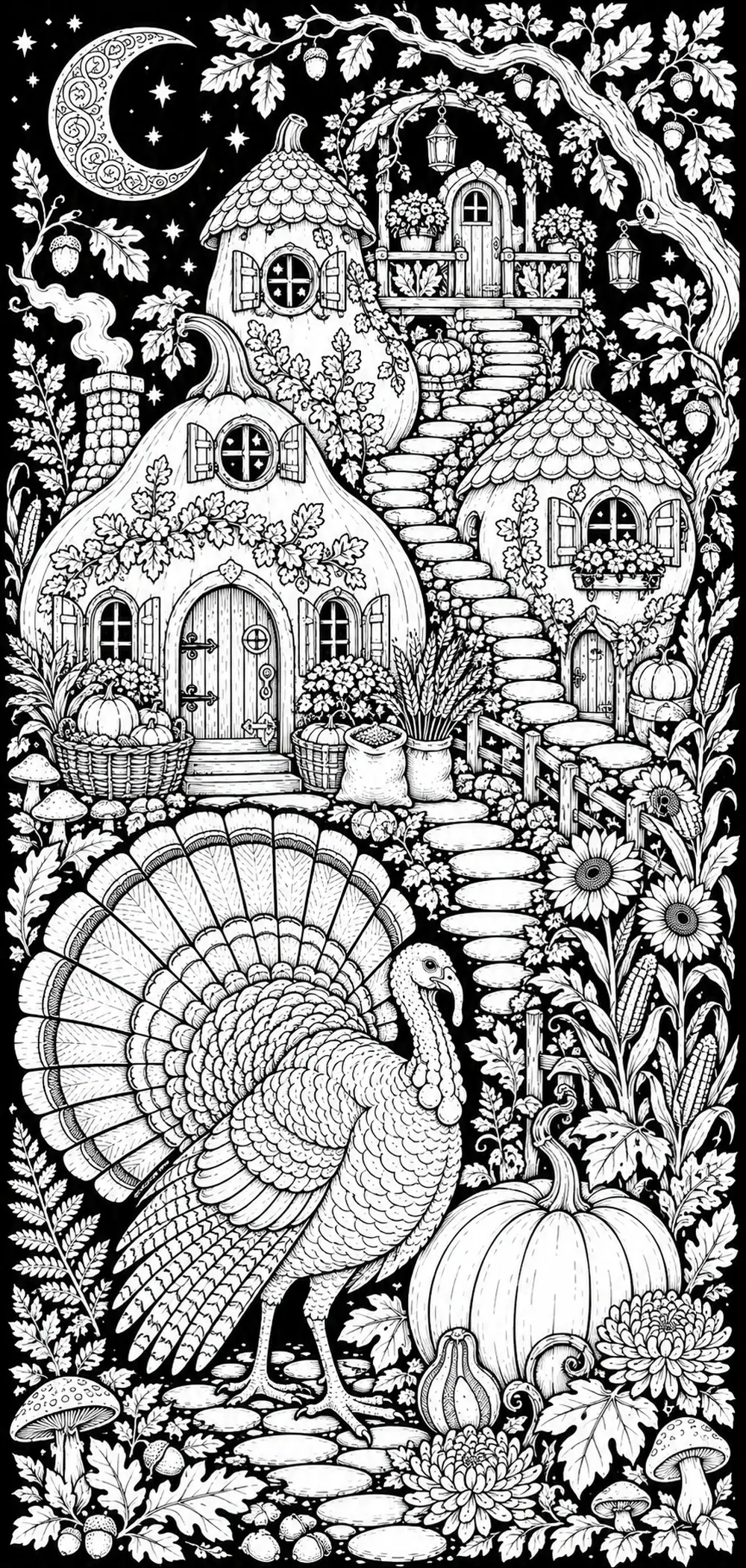 A large turkey stands in front of pumpkins, a moonlit cottage, and an autumn garden coloring page.