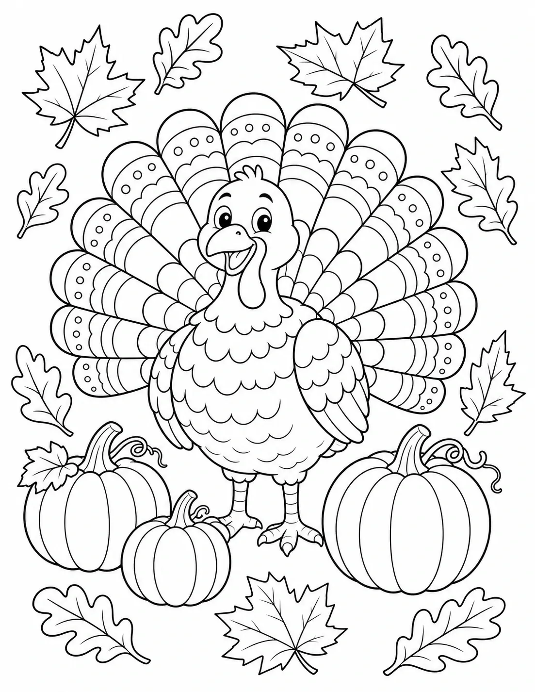 A smiling turkey coloring page with pumpkins and autumn leaves around it.