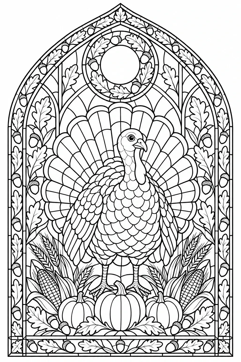 A turkey coloring page in a stained glass style with pumpkins, corn, acorns, and autumn leaves.