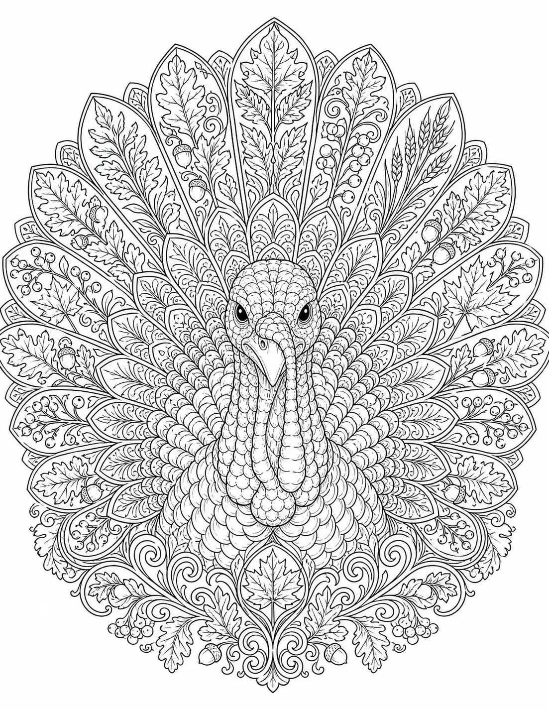 A turkey with detailed mandala-style feathers and autumn leaves coloring page.
