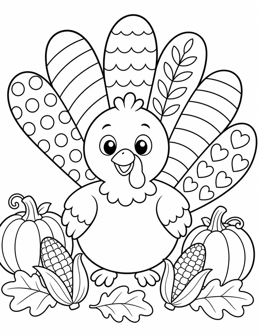A cute turkey coloring page with patterned tail feathers, pumpkins, corn, and leaves.