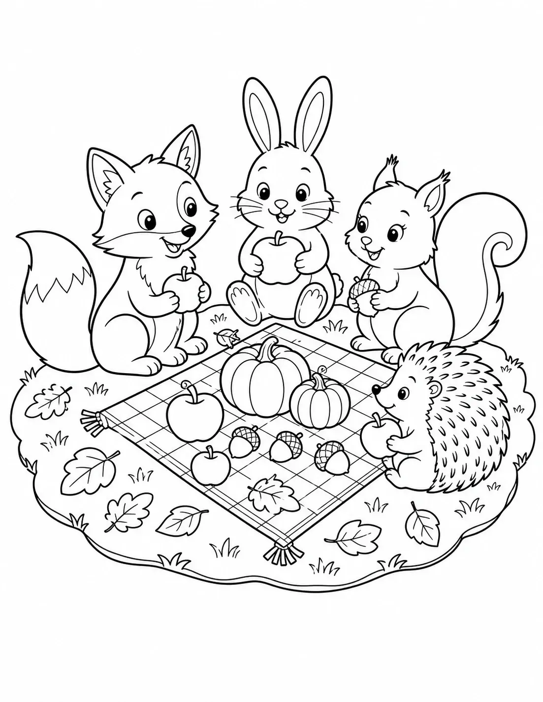 A coloring page showing a fox, rabbit, squirrel, and hedgehog sharing apples and pumpkins on a picnic blanket with fallen leaves.