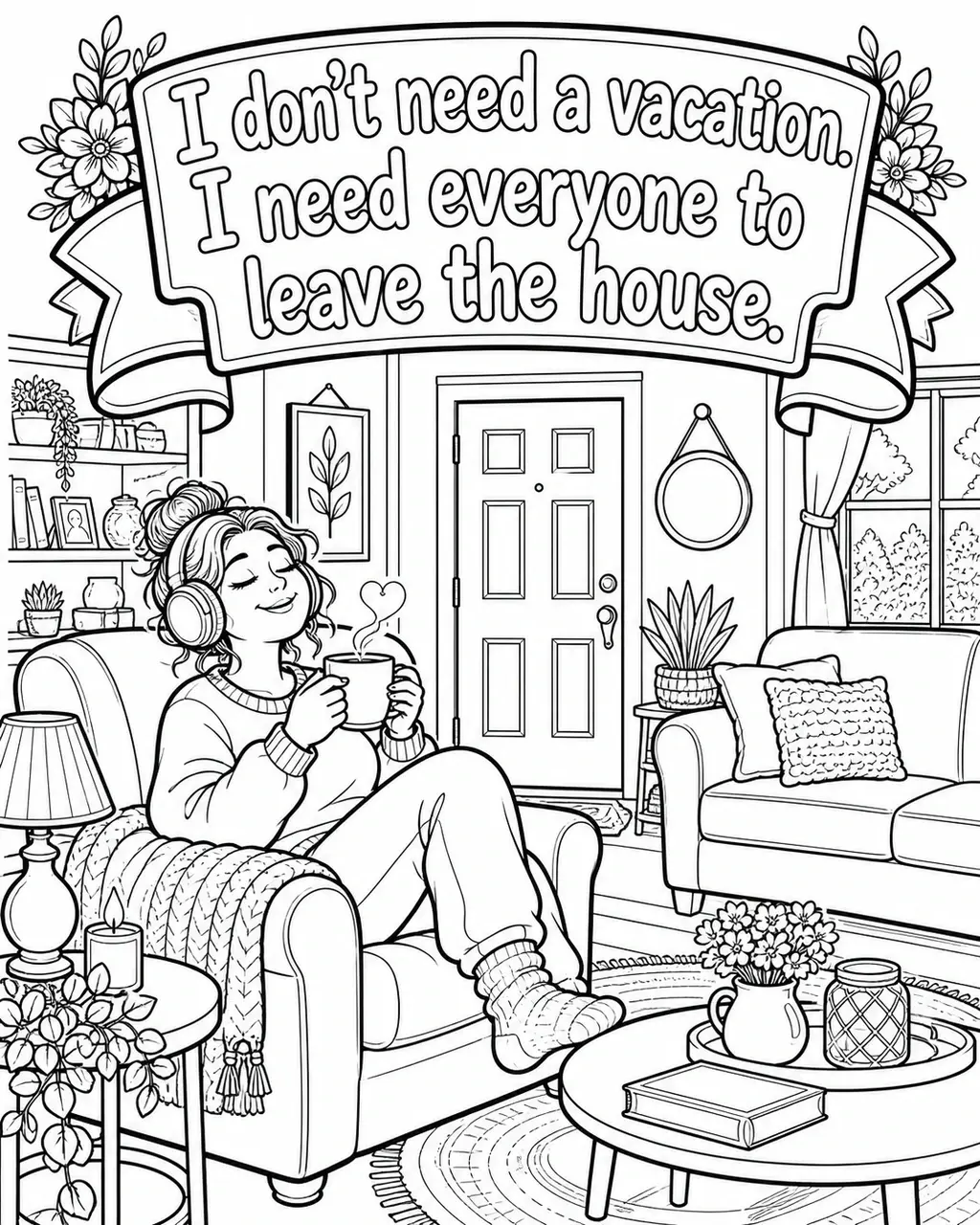 Black and white printable adult coloring page with the hand-lettered phrase I don’t need a vacation. I need everyone to leave the house. Features closed front door, quiet-hour sign, noise-canceling