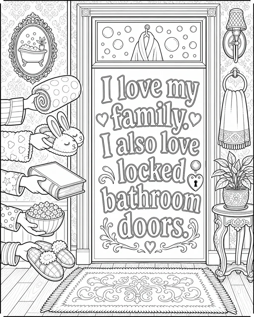 Black and white printable adult coloring page with the hand-lettered phrase I love my family. I also love locked bathroom doors. Features bathroom door with heart-shaped lock, bathrobe, slippers