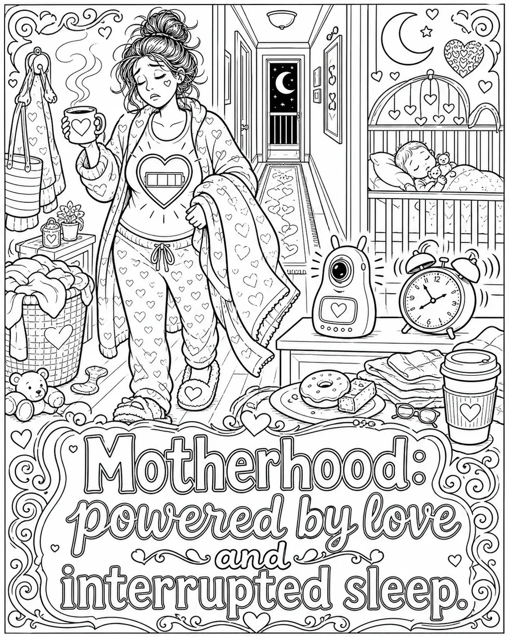 Black and white printable adult coloring page with the hand-lettered phrase Motherhood: powered by love and interrupted sleep. Features heart-shaped battery, crescent moon, alarm clock.