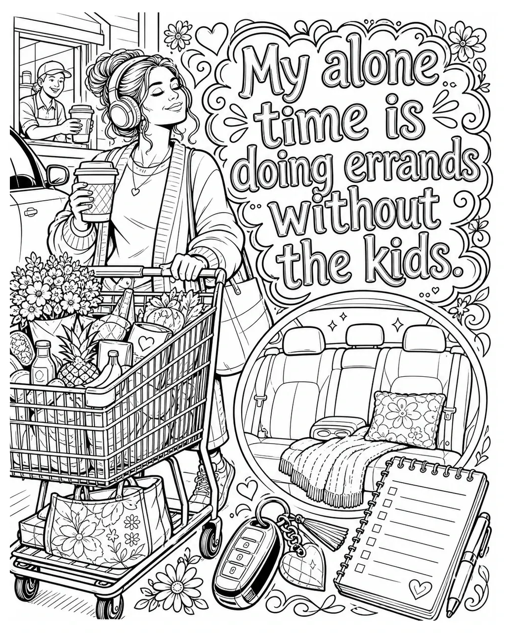 Black and white printable adult coloring page with the hand-lettered phrase My alone time is doing errands without the kids. Features grocery cart, car keys, quiet car seat.