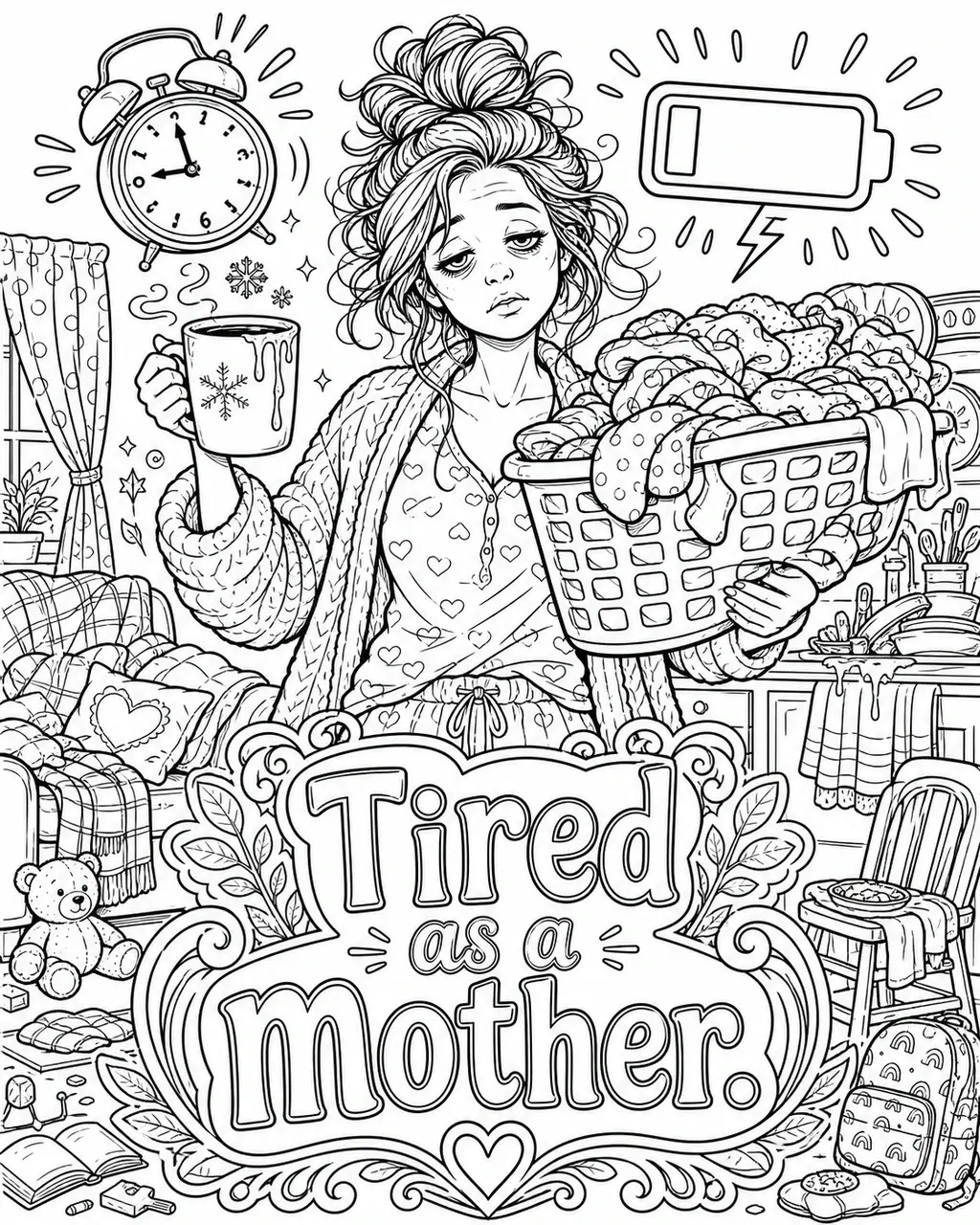 Black and white printable adult coloring page with the hand-lettered phrase Tired as a mother. Features sleepy eyes, cold coffee mug, laundry basket.