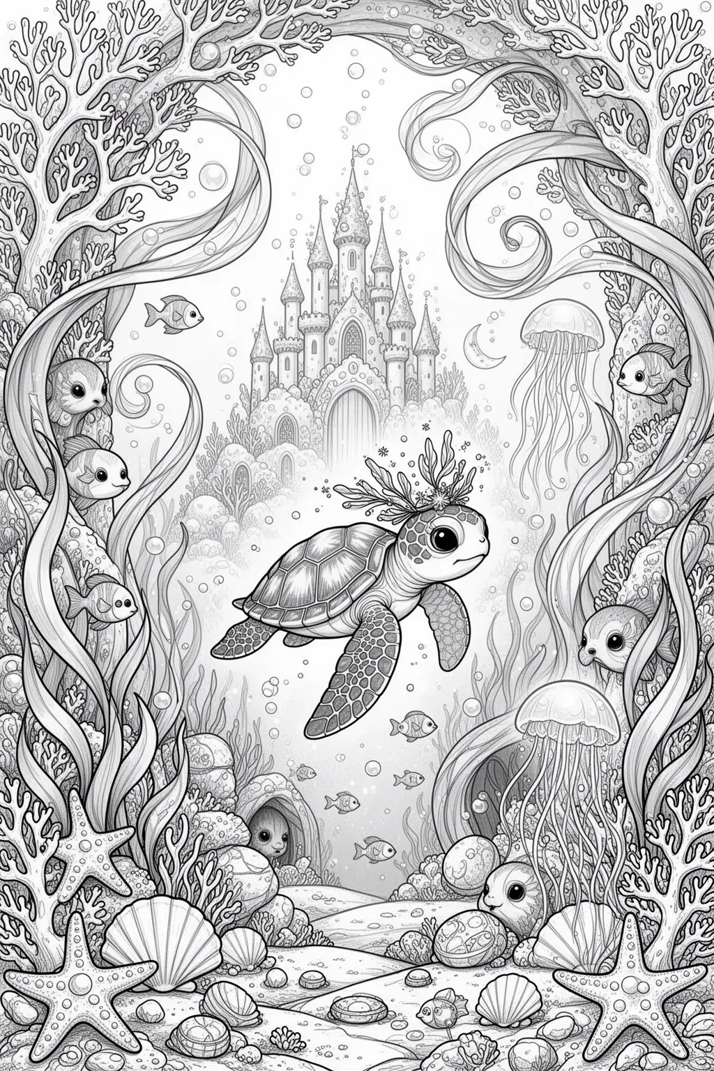 Baby Sea Turtle Dreams | Magical Ocean Journey coloring page.