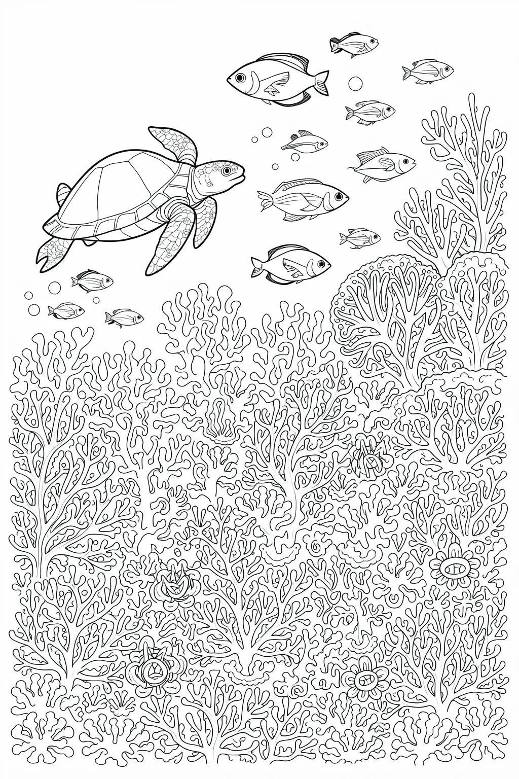 Black-and-white sea turtle and fish swimming above a detailed coral reef coloring page detailed coloring page, kids' coloring page, printable coloring page, coloring sheets animal, summer theme.