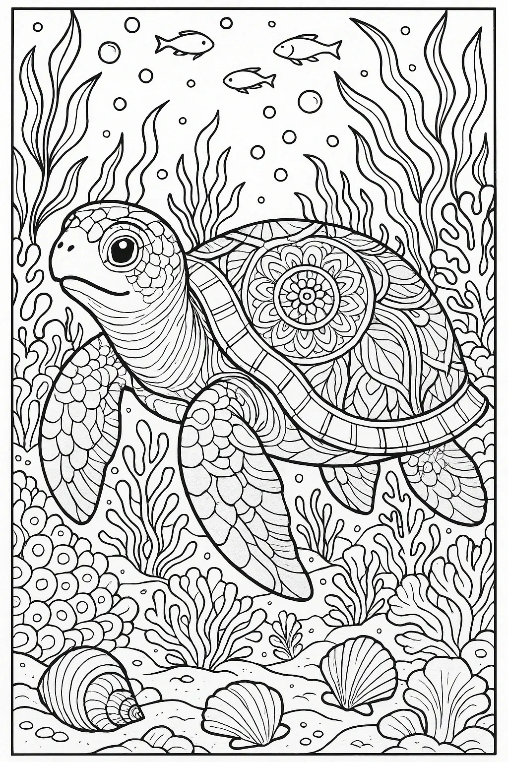 Sea turtle mandala coloring page with ocean plants, shells, and small fish detailed coloring page, kids' coloring page, printable coloring page and coloring sheets for summer and animal themes.