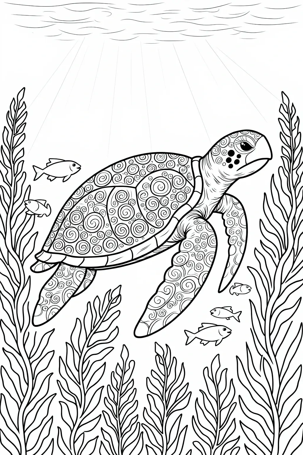 Black-and-white sea turtle coloring page with mandala-style swirls on shell and flippers, surrounded by seaweed and small fish detailed coloring page, kids' coloring page, printable coloring page