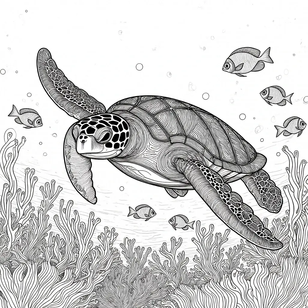Black and white sea turtle coloring page with coral and fish detailed coloring page, kids' coloring page, printable coloring page, and coloring sheets featuring an animal ocean scene and mandala-like