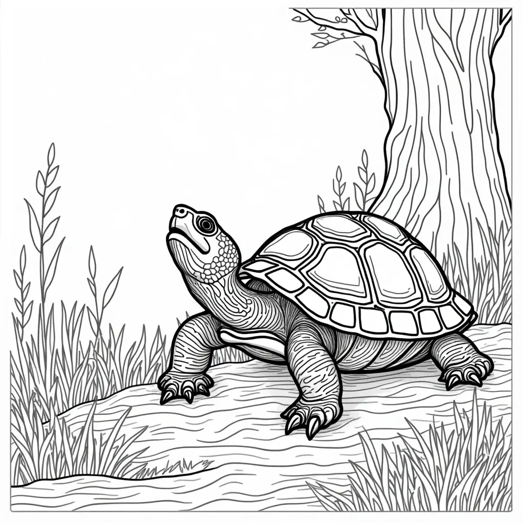 Black-and-white turtle coloring sheet detailed coloring page style with grass, log, and tree; printable coloring page for kids' coloring page and coloring sheets.