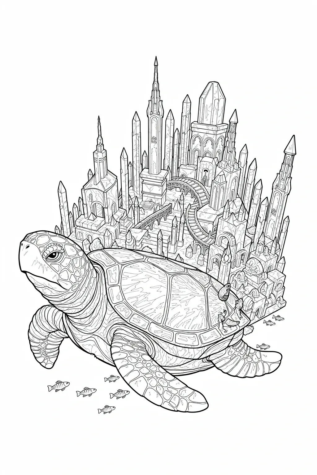 Black and white detailed coloring page illustration of a giant turtle carrying a fantasy city on its shell, with underwater fish and intricate buildings, ideal for kids' printable coloring page and