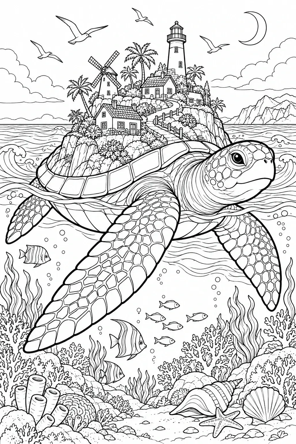 A detailed coloring page shows a large sea turtle swimming among fish and coral, with a lighthouse village on its shell, birds, waves, and a crescent moon.